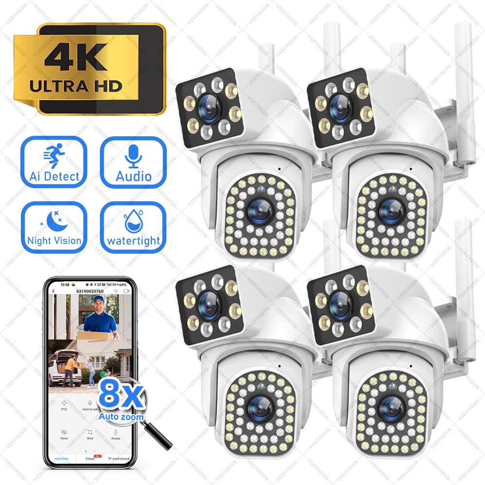 1/4pcs 4k 8mp Wifi Camera Outdoor Dual Lens Dual Screen Ip Cameras Ai ...