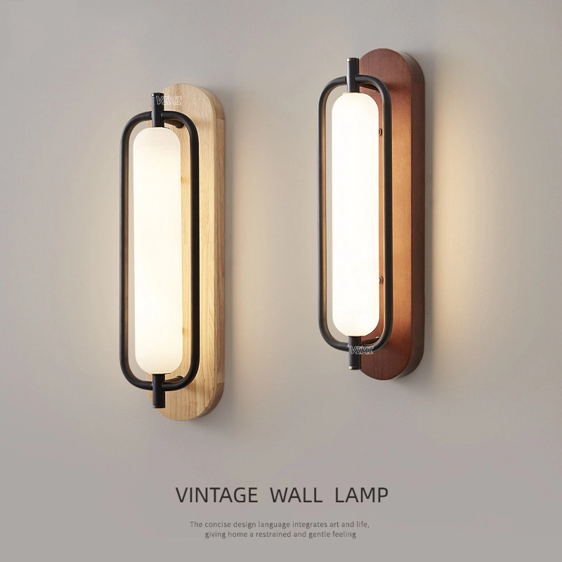 Medieval Style Wooden Wall Lamp with Glass Lampshade, LED Iron Strip