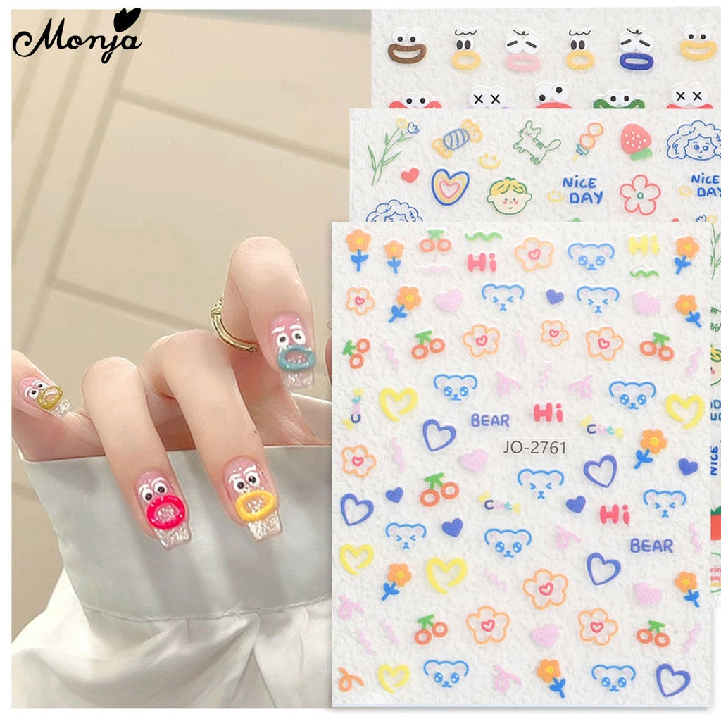 Monja 3D Nail Stickers Cartoon Colorful Cute Emote Hand-paint Graffiti ...