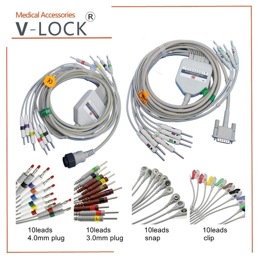 Ekg Ecg Cable One-Piece Electrocardiograph 10 Leads Wires Clip Snap ...