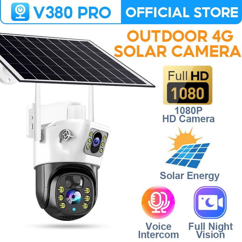 V380 Pro 4G Dual Lens Solar Power CCTV Camera No Need Wifi Outdoor  Waterproof 360 IP Wireless Human Motion Detection Sound Light Alarm Ptz  Control
