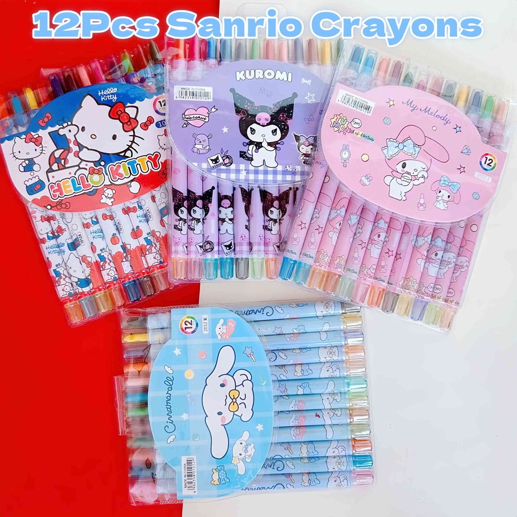 12 Colors Sanrio Rotating Crayon Erasable Wax Crayons Washable Coloring ...