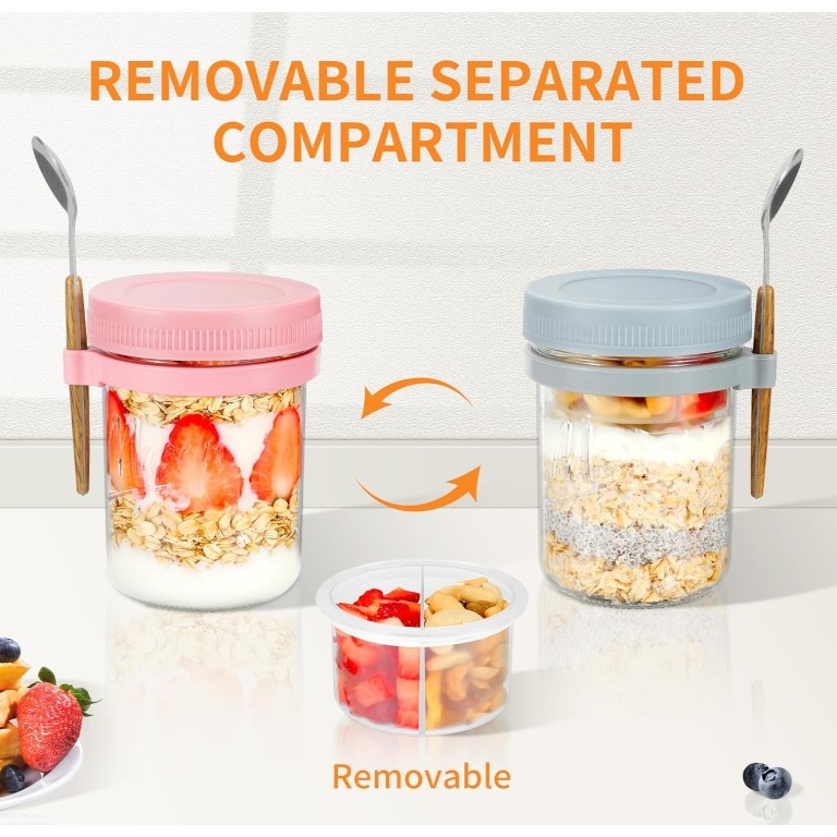450ml Overnight Oats Containers with Lid and Spoon, 16 oz Mason Jars ...