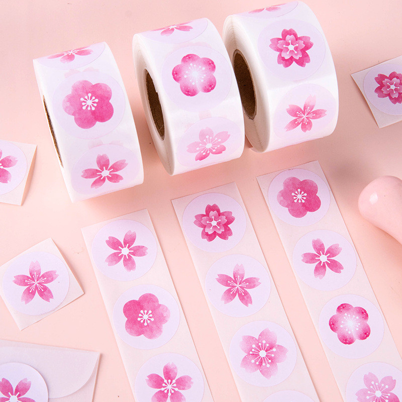 Waterproof Sticker Reusable Sticker 500Pcs/Roll Spring Sakura Round ...