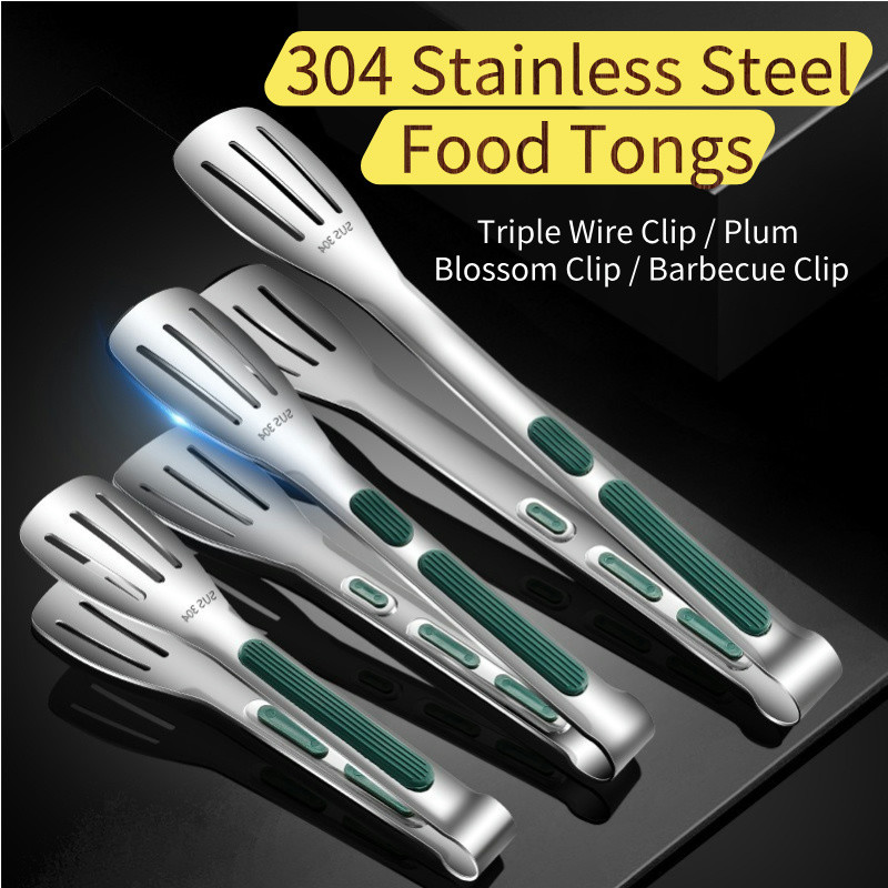 [Qianbaidu] 304 Stainless Steel Food Tongs - Long Silicone Handle for BBQ/Steak/Cooking/Buffet/Bread