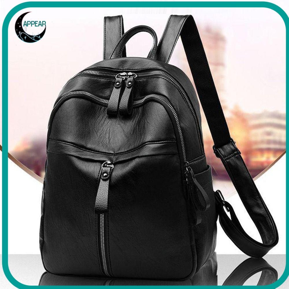 APPEAR Women Backpack, PU Leather Black Shoulder Bags, Simple Large ...