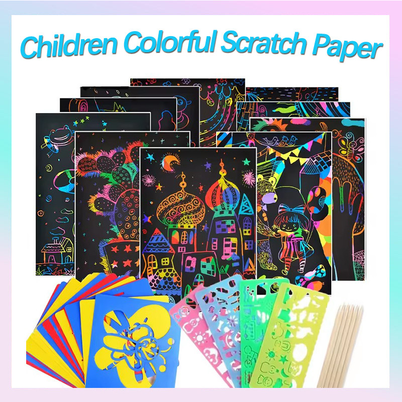 50Pcs Children Colorful Scratch Paper Magic Scratch Card Kertas Lukisan ...