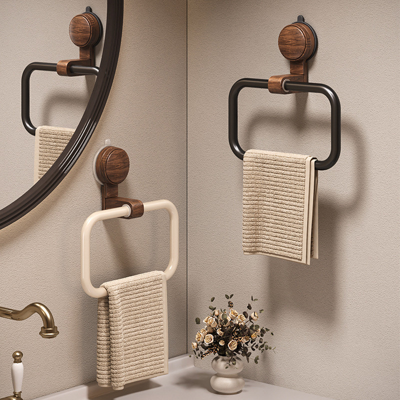 Walnut Wood Towel Ring Rack | Strong Suction Cup Bathroom Organizer ...