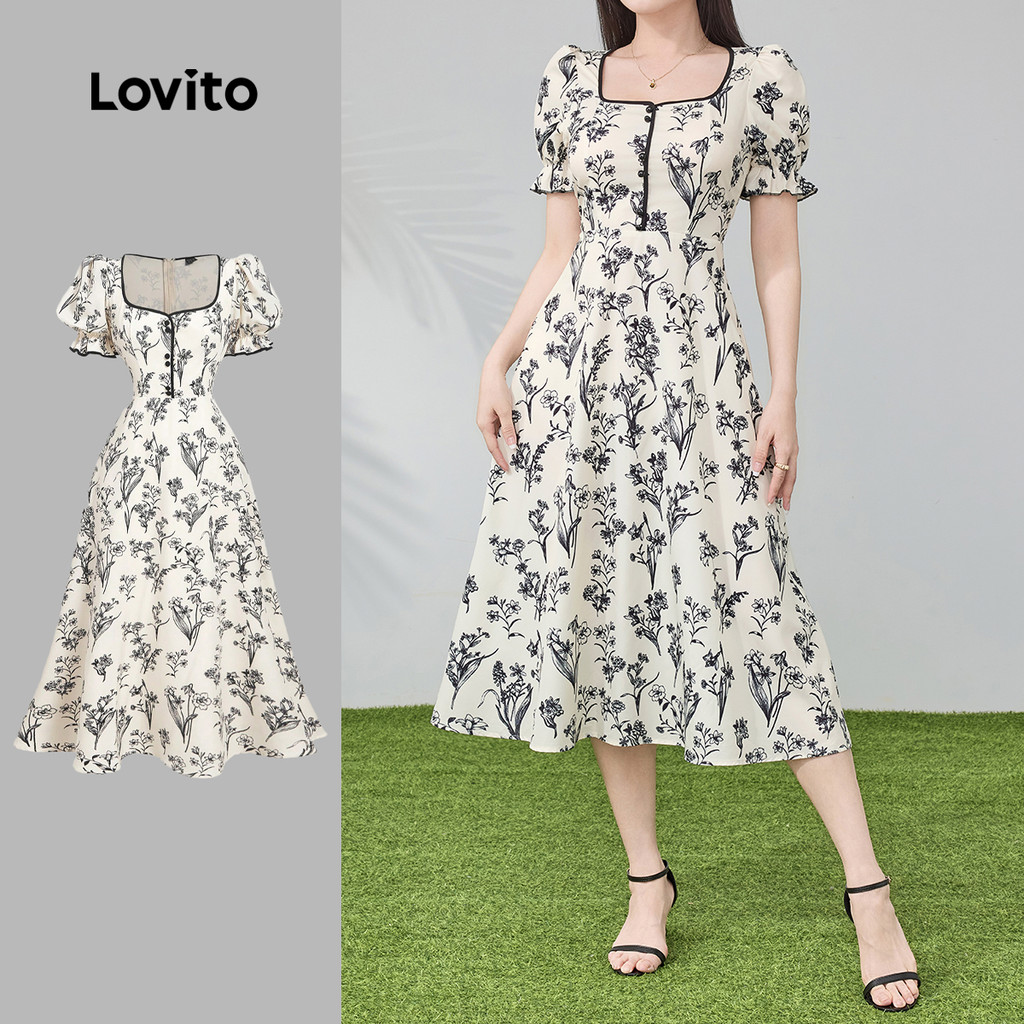 Lovito Women Elegant Floral Structure Line Contrast Binding Button ...