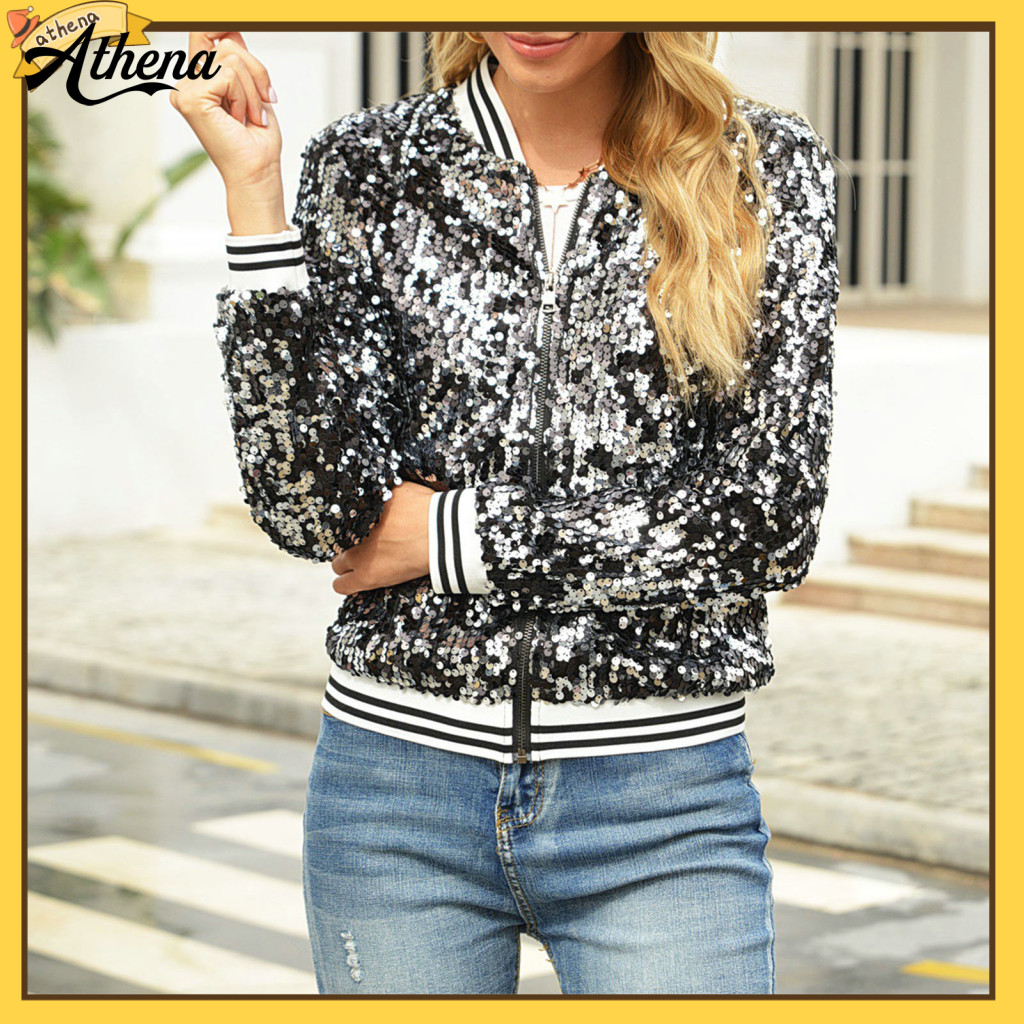 Sparkle Sequin Denim Jacket Womens Bomber Jacket With Glitter