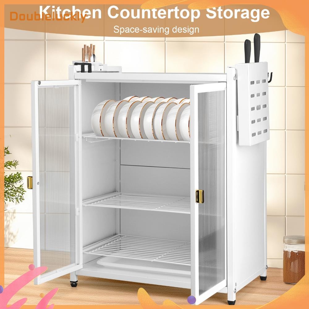 Kitchen Storage Cabinet Dual Striped Glass Doors Freestanding Dish ...