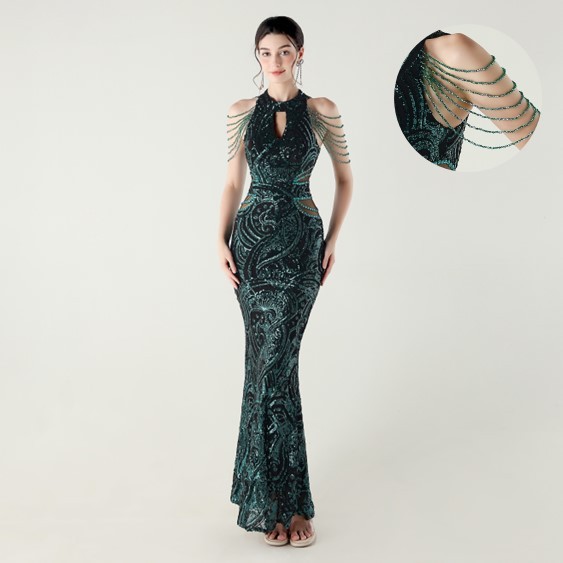 New Style Bead Chain Shoulder Accessories Heavy Industry Sequin Halter Neck  Evening Dress Halter Neck Slim-fit Banquet | Shopee Philippines