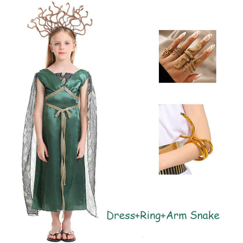 Greek Mythology Medusa Costume for Girl Green Snake Dress Headress Ring for  Kids Halloween Birthday Party Wear Accessories Set | Shopee Philippines