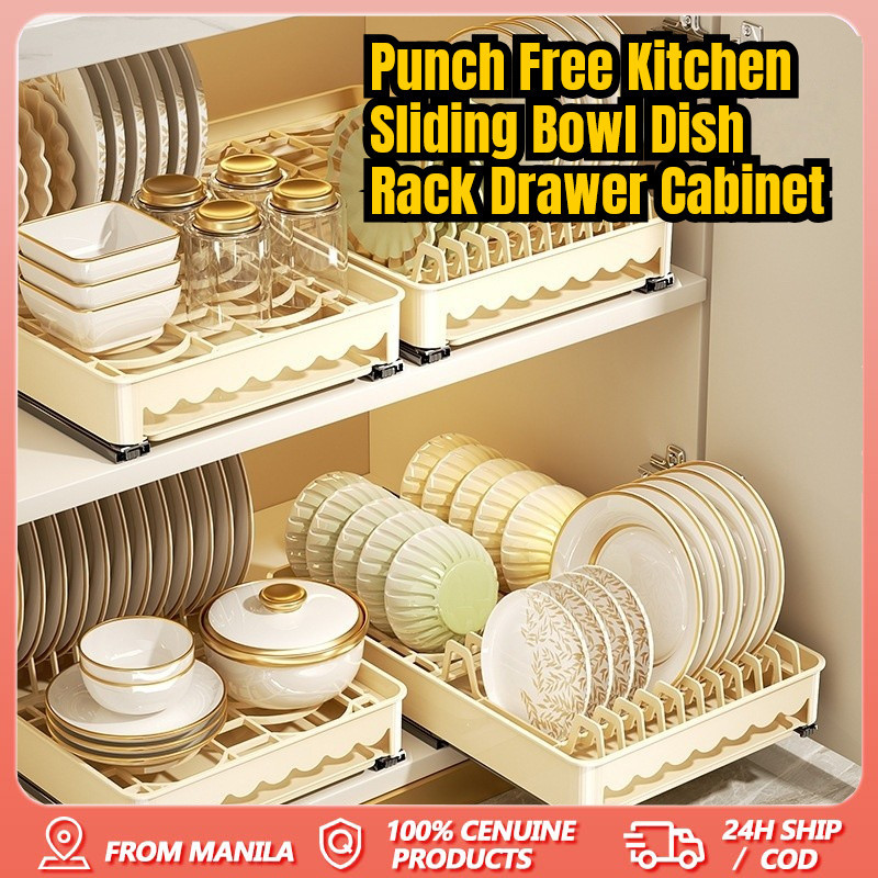 Punch Free Kitchen Sliding Bowl Dish Rack Drawer Cabinet Sink Rack ...