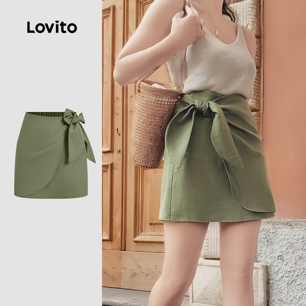 Lovito Women Boho Skirts Bow Spring/Summer Gray Green Skirts L134ED517