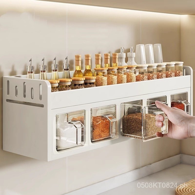 Seasoning Set No-Drill Storage Rack Organizer Box Spice Jar Combination ...
