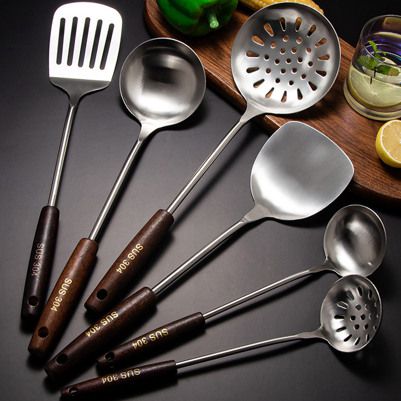 304 Stainless Steel Kitchen Utensil Set - Spatula/Slotted Spoon/Soup Ladle, Non-Slip Wooden Handle