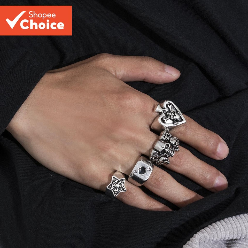Retro Stackable Skull and Spade A Finger Rings Set for Men Trendy Punk ...
