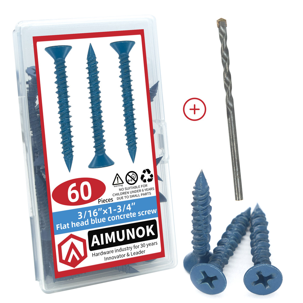 IMScrews 3/16 X 1-3/4" Blue Coated Flat Head Concrete Screws, High-Low Thread Design For Anchoring In Concrete, Pack Of 25