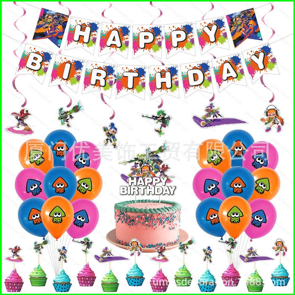 JX1 Splatoon Theme kids birthday party decorations banner cake topper ...
