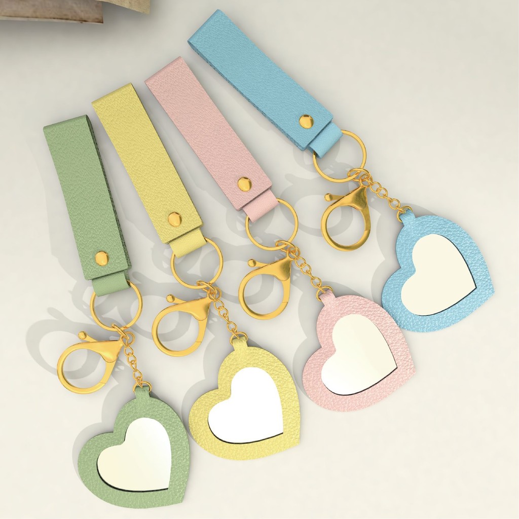 Cute Creative Small Heart Mirror Keychain PU Leather Heart Makeup ...