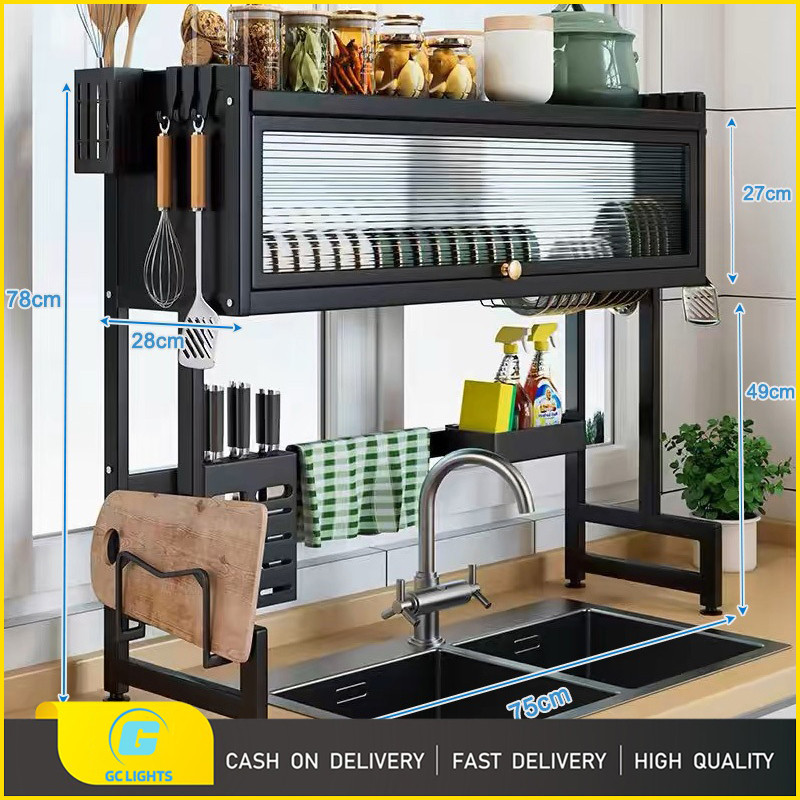 GC Metallic Dish Cabinet Rack Dustproof Drain Rack With Cabinet Door ...