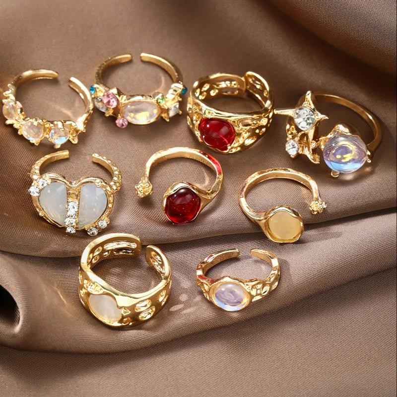 9Pcs/Set Vintage Punk Style Fashion Rings Imitation Ruby Rings Open ...