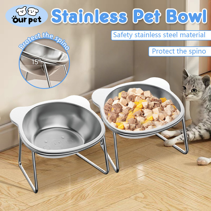 Stainless steel pet bowl Cat high bowl with stand Neck protection Easy ...