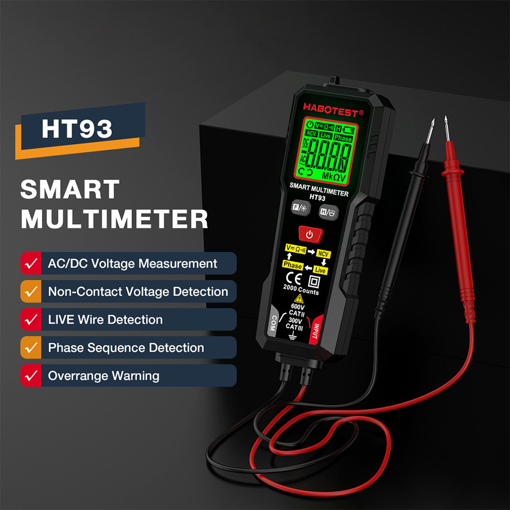 HT93 Smart Digital Multimeter AC/DC Voltage Current Tester 2000 Counts ...