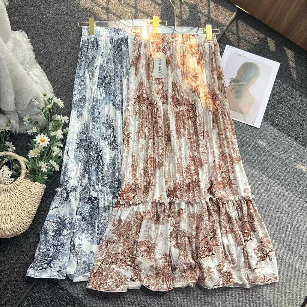Women's Floral Plisket Skirt Maxi Skirt Ruffle Flower Korean Girl ...