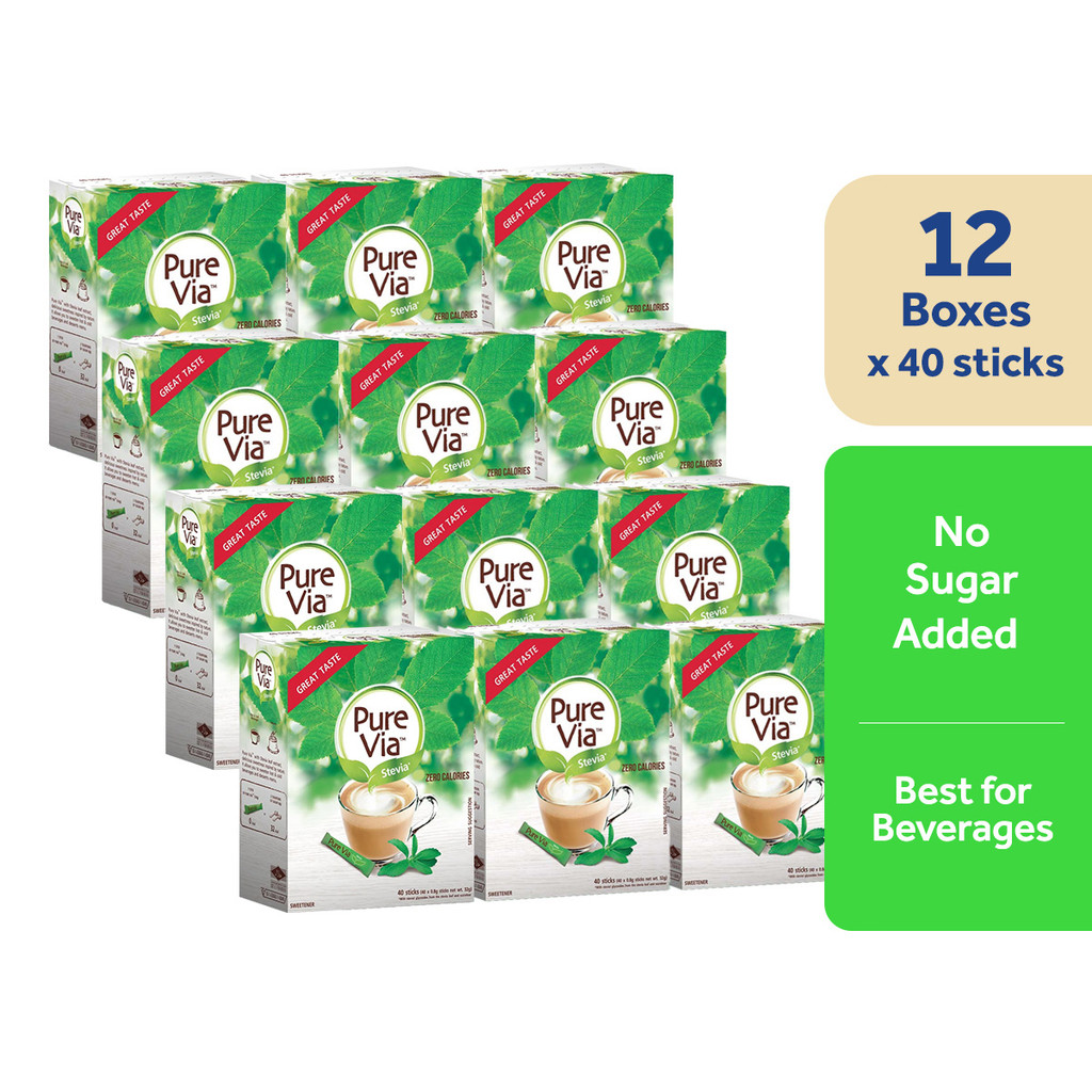 Pure Via Stevia Zero Calorie Sweetener 40 Sticks - 12 Boxes (Stevia ...