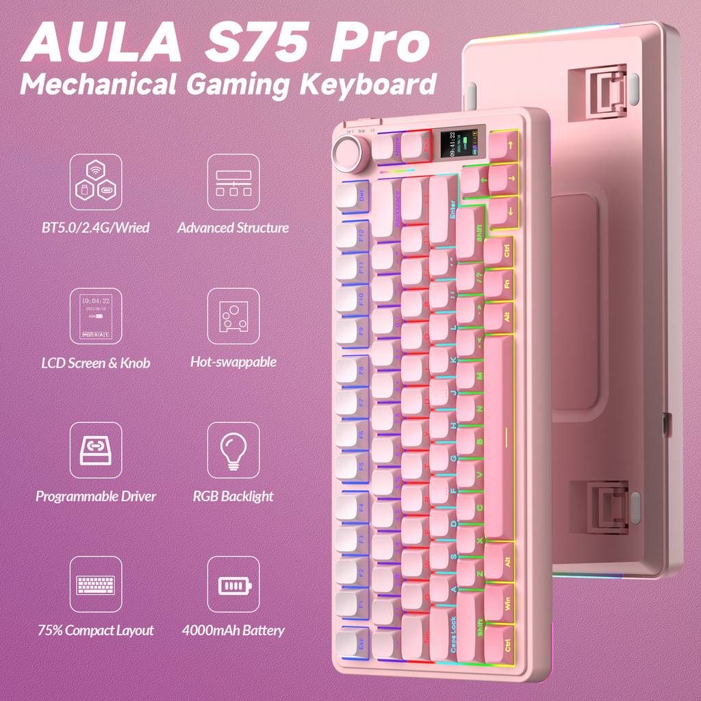AULA S75PRO Mechanical Keyboard 80Key Bluetooth/2.4G/USB-C LCD Screen ...