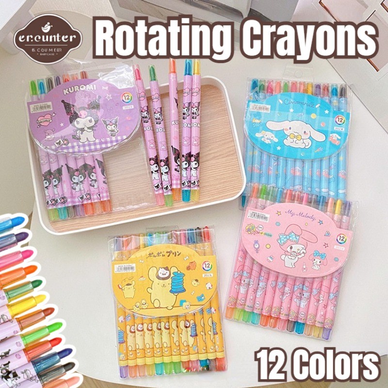 12 Colors Sanrio Rotating Crayons Cartoon Colored Pencil Drawing ...