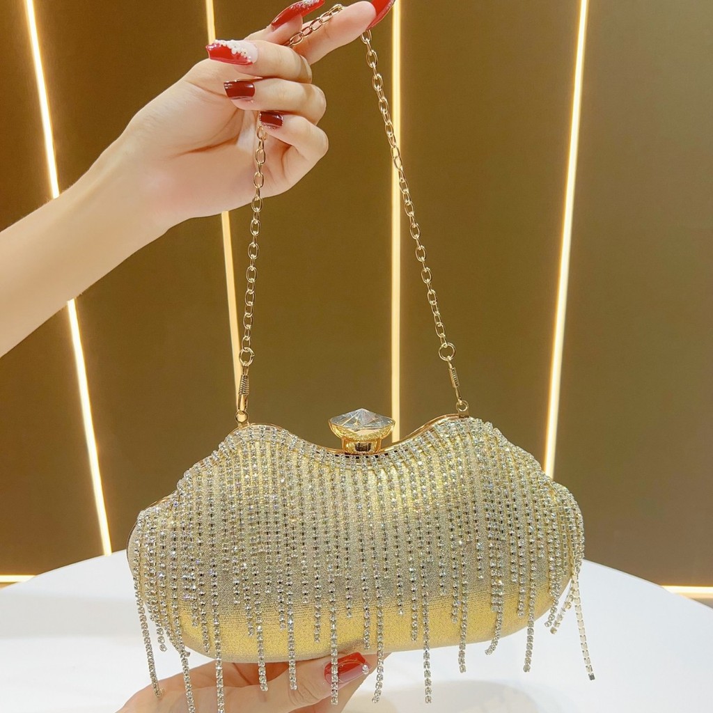 [Lakita] New Style Ladies Diamond-studded Tassel Evening Bag Clutch Bag  Rhinestone Banquet Evening Dress Bag Celebrity Cheongsam Small Bag LAPN