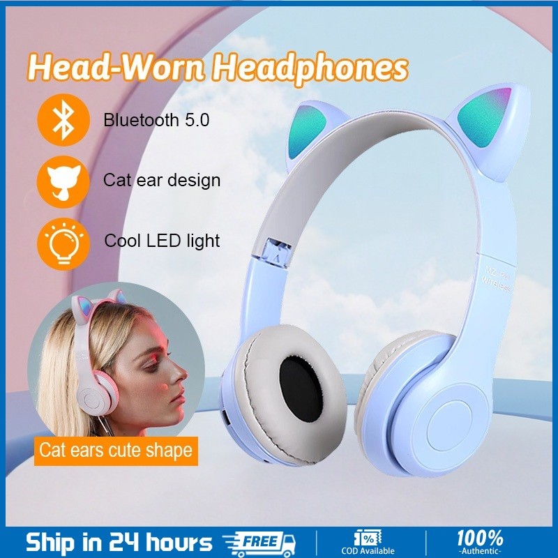 P47M Cat Ear Bluetooth Headphones LED Cute Foldable Adjustable Foldable  Headphones Cat Headset - Main Image