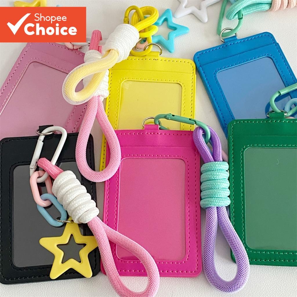 Steve Cute Colorful PU Leather Card Holder Star Braided Rope Keychain ...