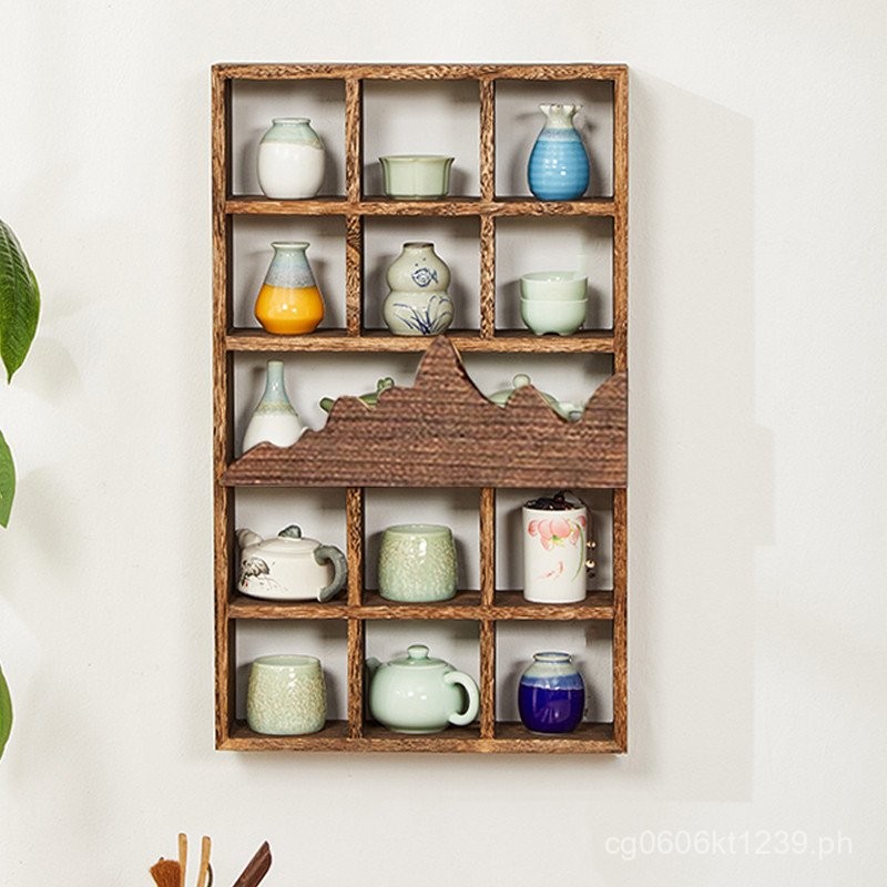 Solid Wood Tea Room Small Shelf Storage Rack Tea Set Curio Shelf Teapot ...