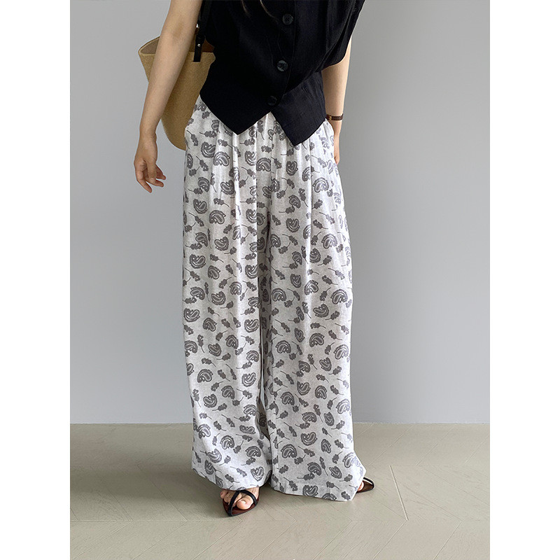 Summer Linen Printed High Waist Wide Leg Pants Straight Thin Casual Trousers