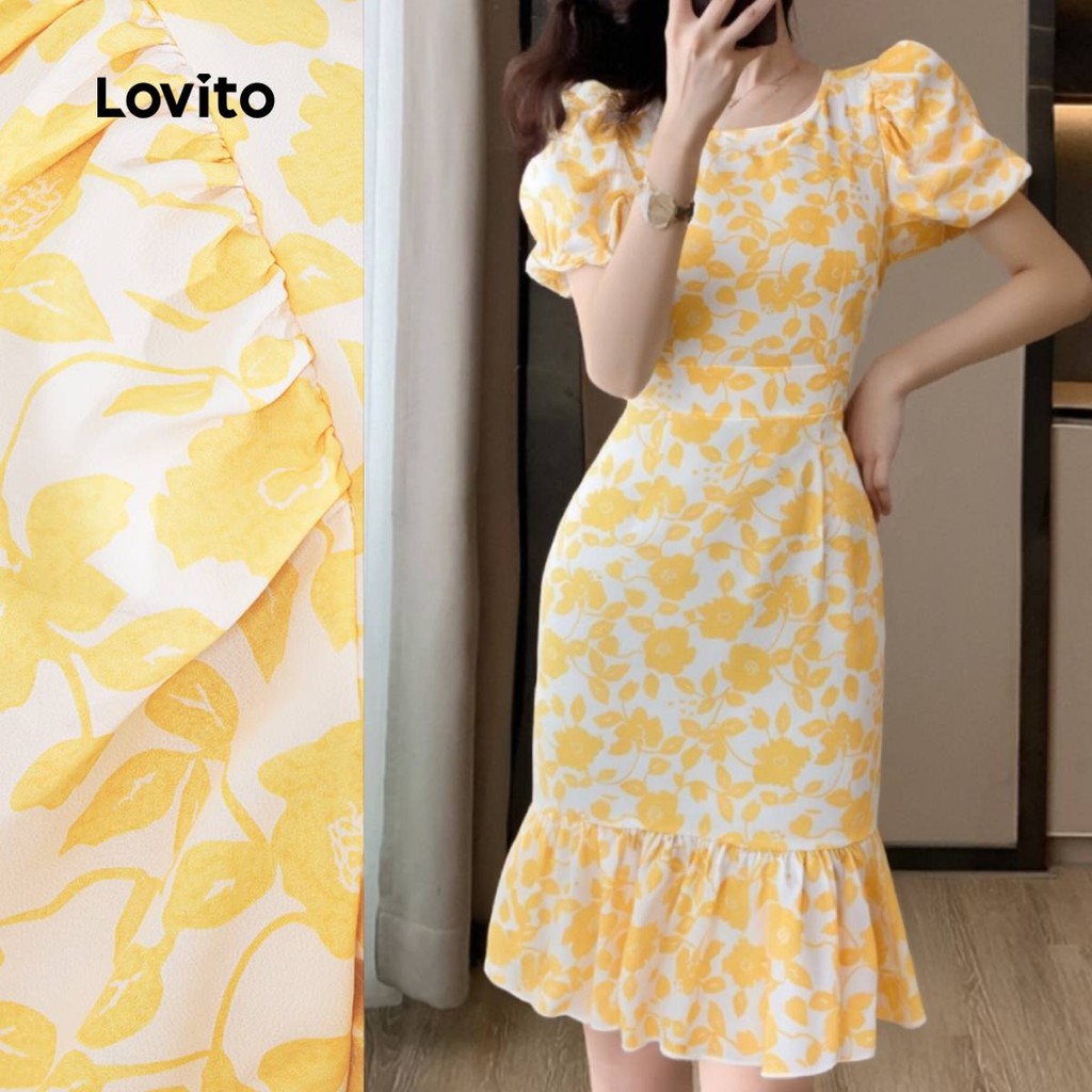 Lovito Women Cute Dress Ruffle Hem Puff Sleeves Summer/Spring Light ...