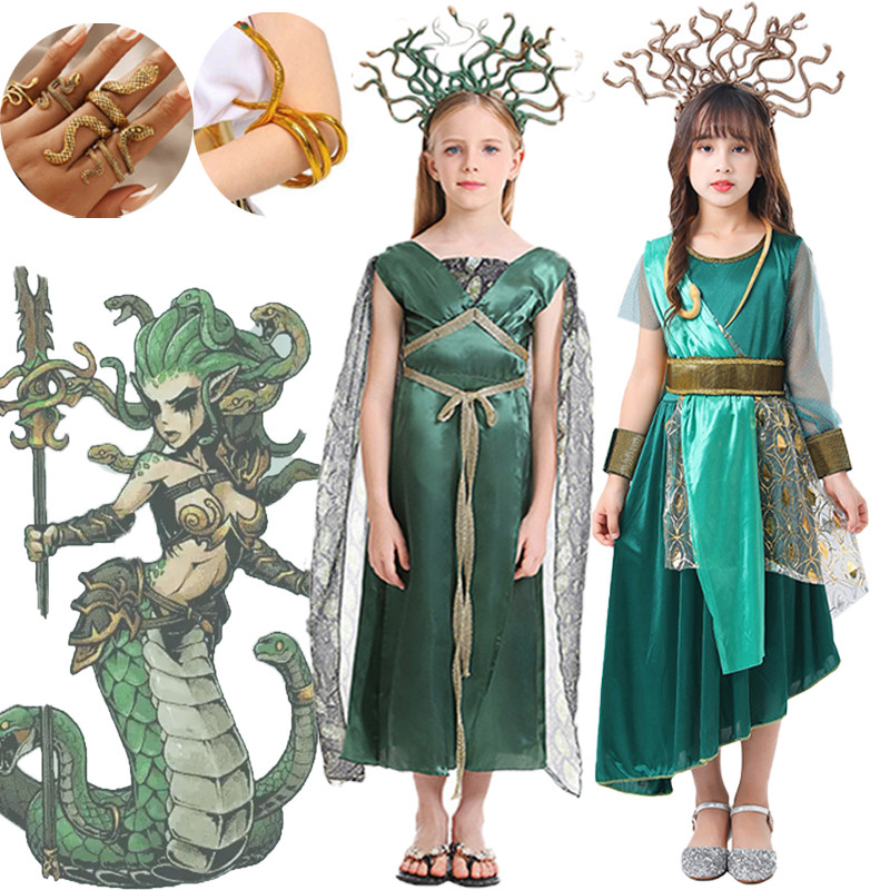 Greek Mythology Medusa Costume for Girl Green Snake Dress Headress Ring for  Kids Halloween Birthday Party Wear Accessories Set | Shopee Philippines
