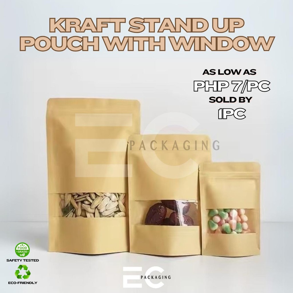 EC 1PC Brown Kraft Stand Up Pouch with Window Paper Bag Packaging ...
