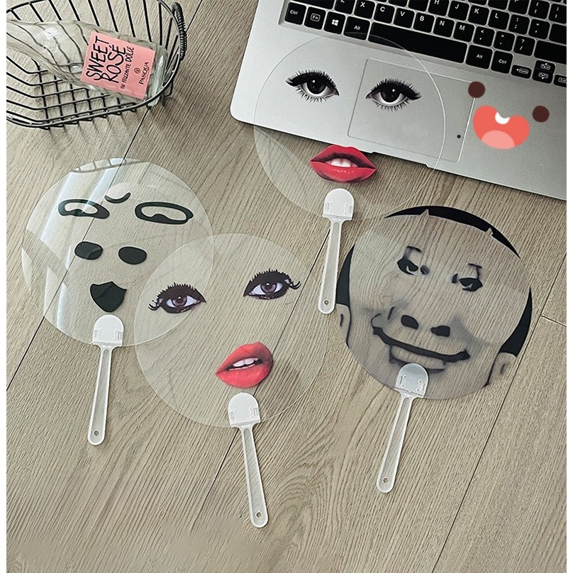 2/5PCS Transparent Funny Expression Round Fan with Handle Waterproof ...
