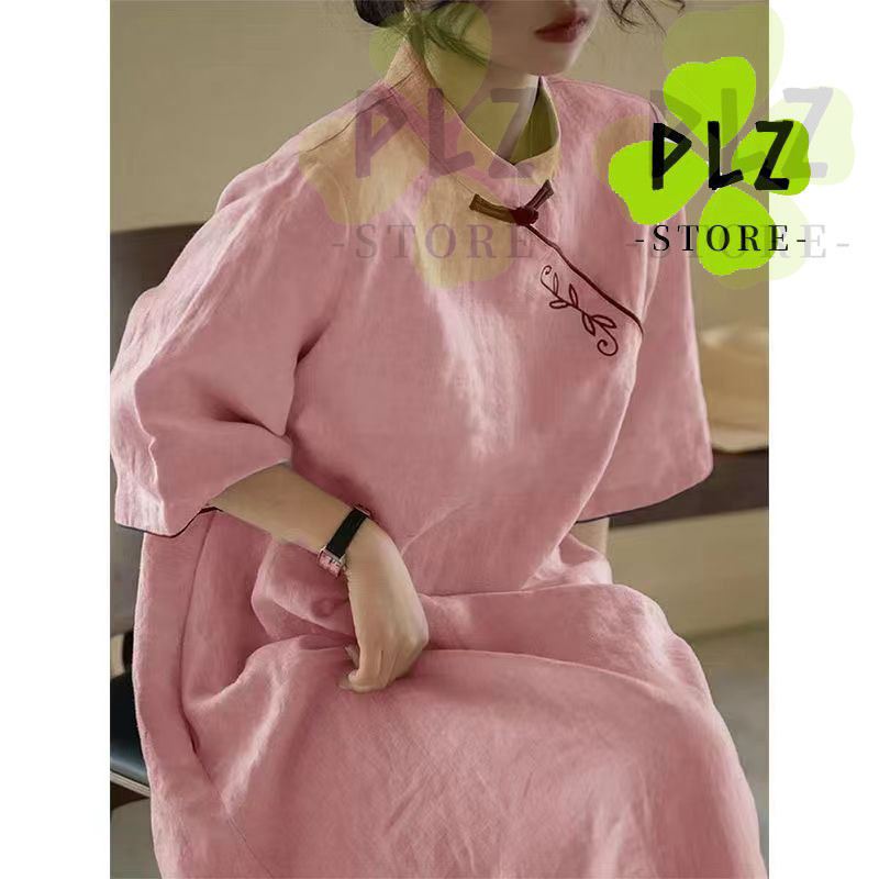 Pink Linen Collar Embroided Dress