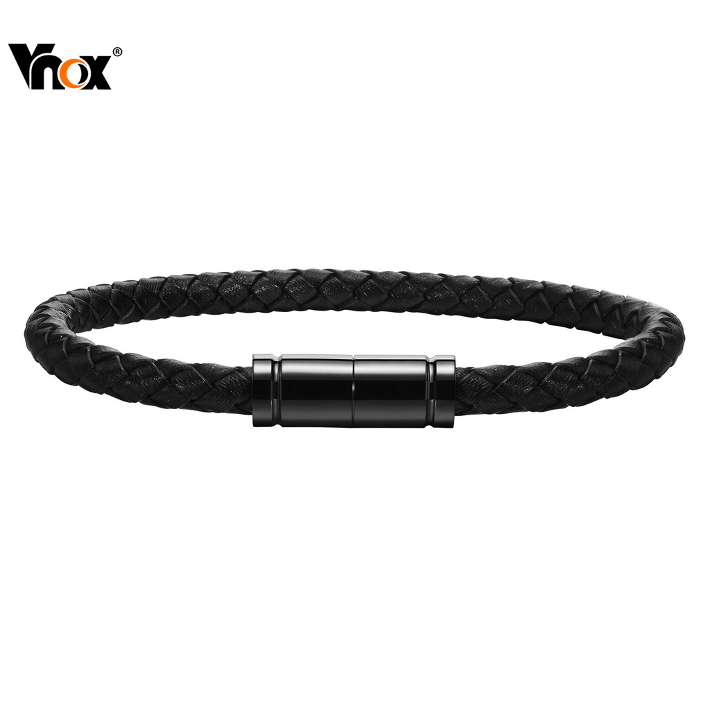 VNox Brand Black Fashionable Casual Leather Men's Bracelet, Stainless ...