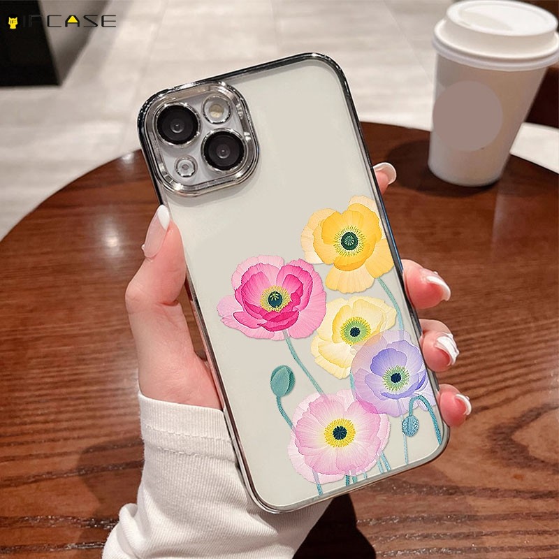 Compatible For iPhone 16e 16 15 14 Plus 13 Mini Pro Max Phone Case Papaver  Rhoeas Flower Floral Flowers Cute Shiny Shining Glitter Transparent Soft