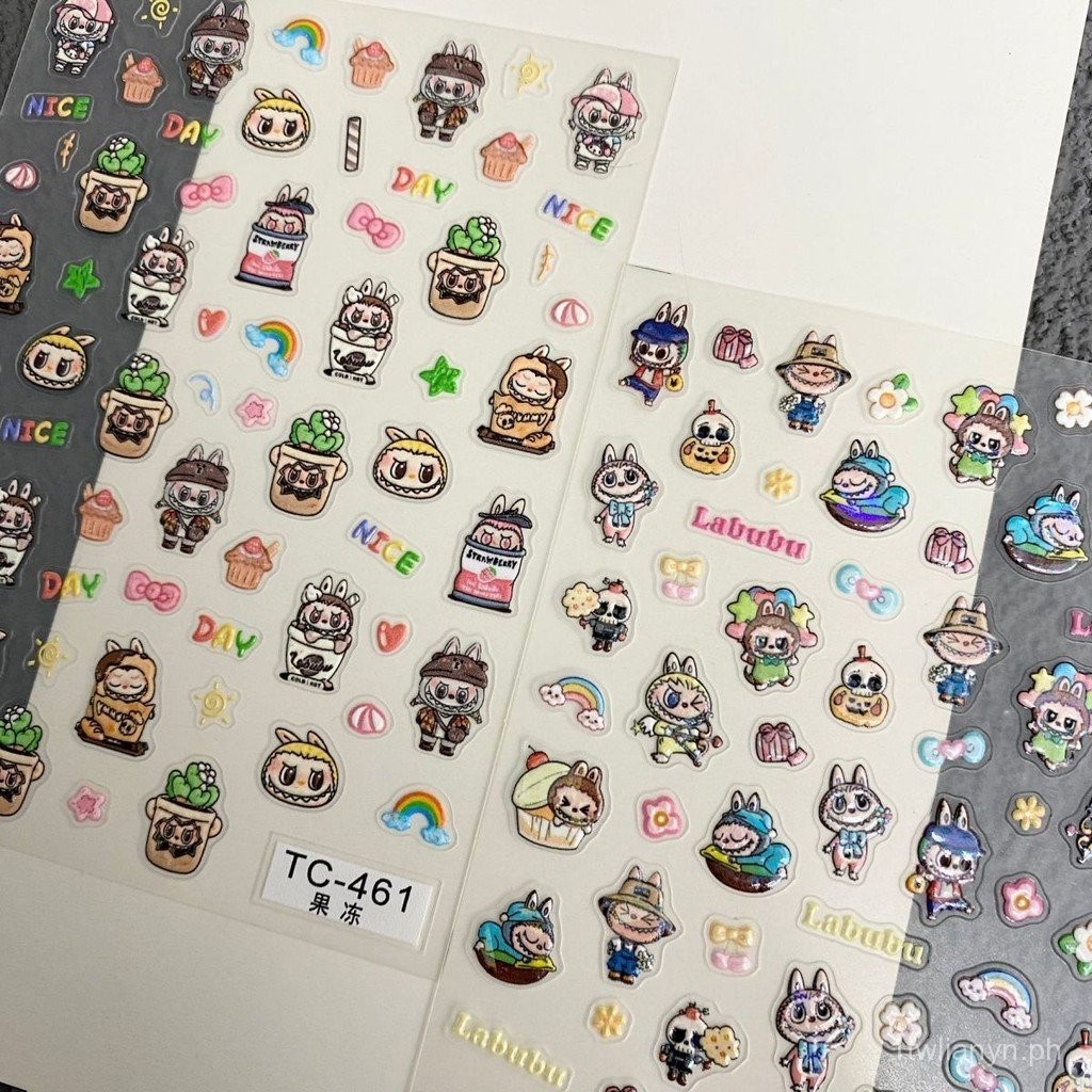 Cute Labubu Embossed 3D Nail Stickers labubu Creative diy Hand Account ...