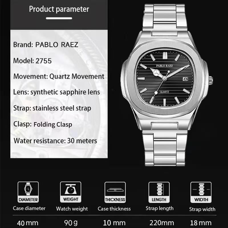 PABLO RAEZ Men’s Square Watch | Waterproof | Stainless Steel Strap ...