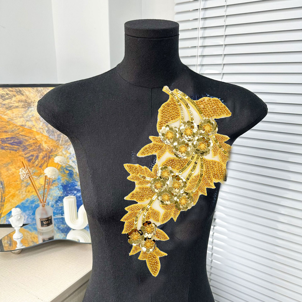 Gold Sequin Beading Embroidery Lace Patch Applique Sewing Flower Patches  for Clothes Embroidered Fabric Collar Wedding Gown Bridal DIY Crafts