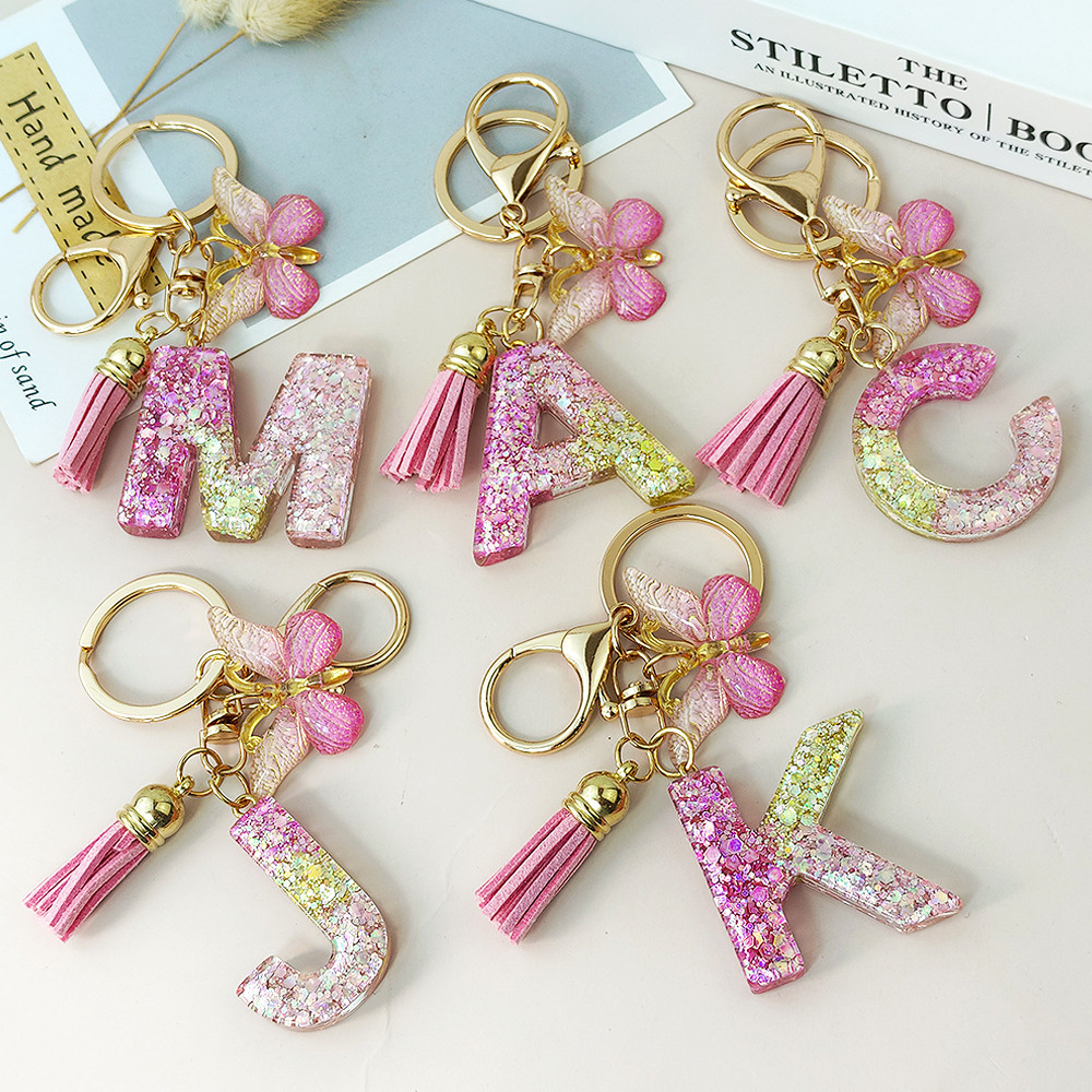 A-Z Letter Keychains Sweet Heart Tassel Initial Resin Keyrings Bag ...
