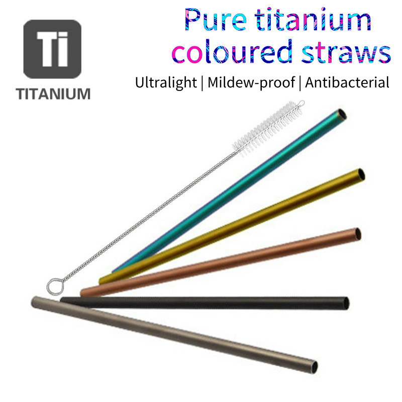 [Qianbaidu] Pure Titanium Straws - Brush Cleaner, Colorful Metal Reusable, Camping/Travel Drinkware